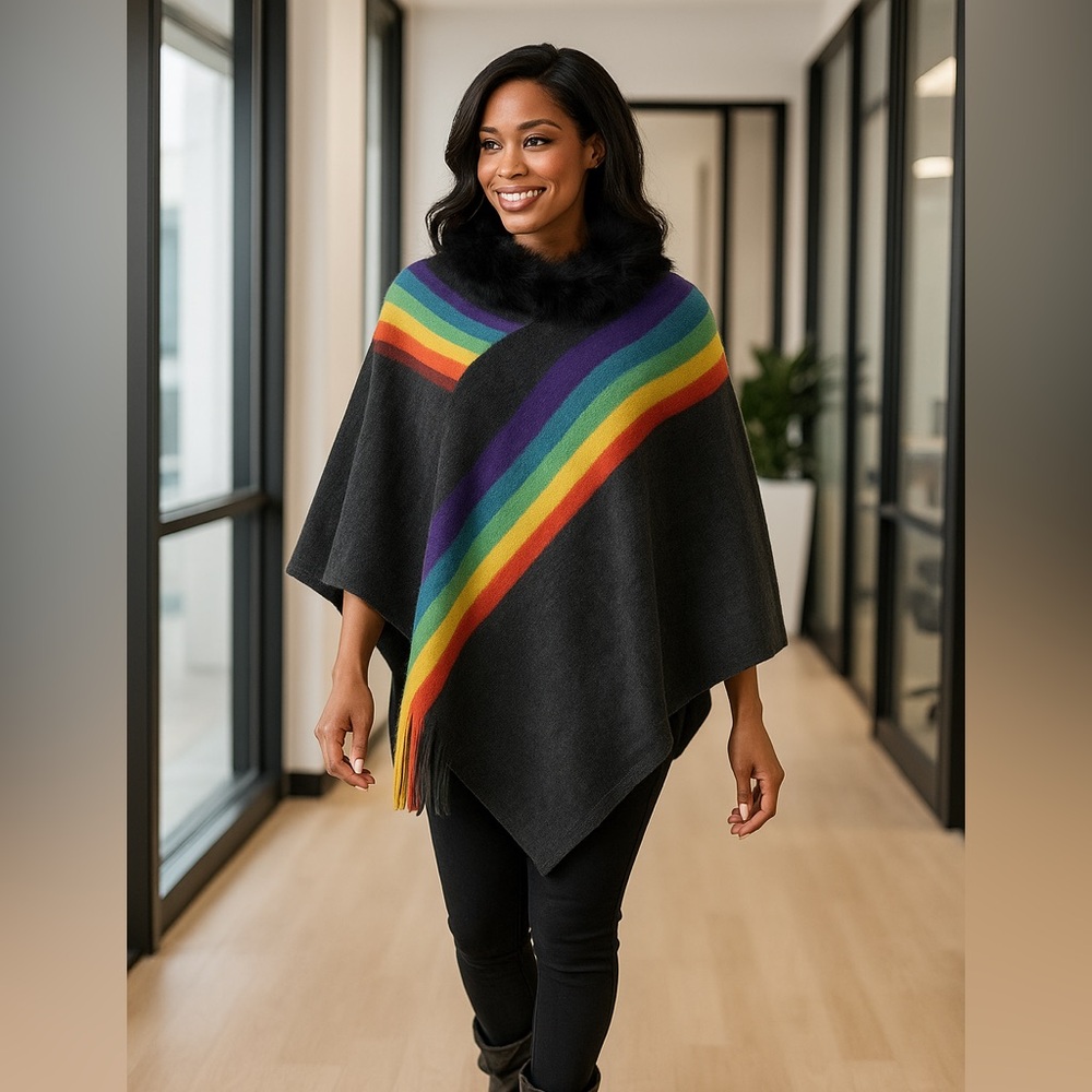 Knit Stripes with Fur Trim Poncho